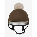 Brown lemieux pippa hat silk alpine helmet cover with cream pom-pom and silver-lined silky smooth four-way stretch interior