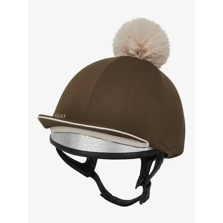 Brown lemieux pippa hat silk alpine equestrian helmet cover with cream pom pom silver reflective trim and silky smooth four-way stretch