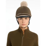 Brown lemieux pippa hat silk alpine with fluffy beige pom-pom white trim and silky smooth four-way stretch fabric
