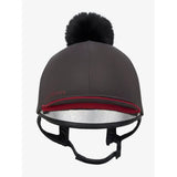 Gray lemieux pippa hat silk cinder with silky smooth four-way stretch, black faux fur pom-pom, red trim, and silver lining