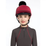 Red lemieux pippa hat silk ember with black faux fur pom-pom top perfect for equestrian riding