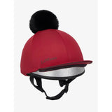 Lemieux pippa hat silk ember red equestrian helmet cover with black faux fur pom pom and silver reflective brim strip