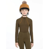 Olive green long-sleeved lemieux pippa hat silk ginger riding suit with tan zipper accents and matching pants