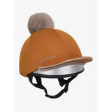 Orange lemieux pippa hat silk ginger with gray faux fur pom-pom and silver reflective band equestrian helmet cover