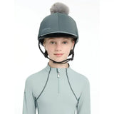 Gray lemieux pippa hat silk petrol with fluffy pom-pom and silky smooth four-way fabric for equestrian use
