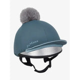 Teal lemieux pippa hat silk petrol with silver reflective band and gray faux fur pom-pom made of silky smooth four-way fabric