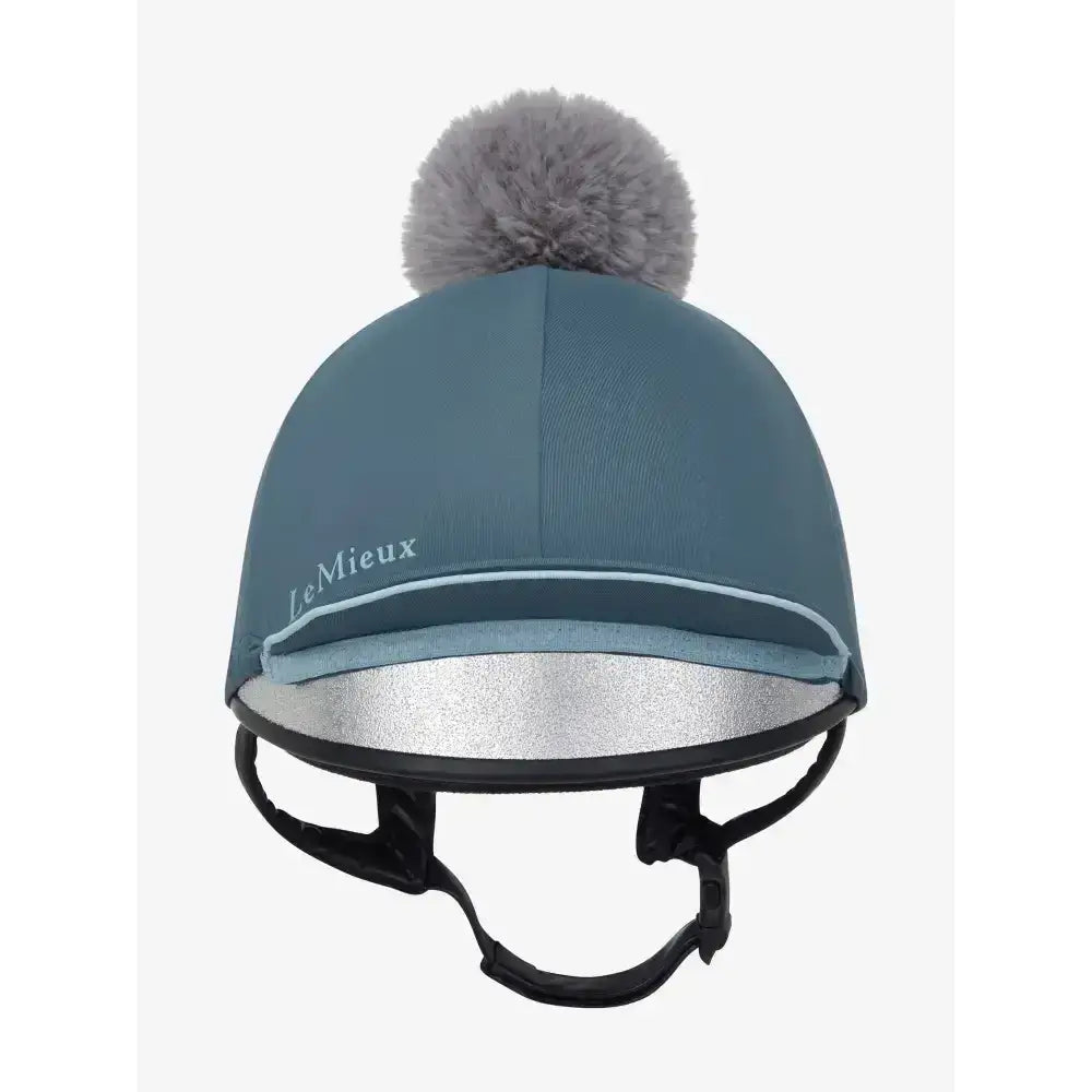 Lemieux pippa hat silk petrol teal equestrian helmet cover with gray faux fur pom pom and silver reflective lining