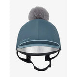 Lemieux pippa hat silk petrol teal equestrian helmet cover with gray faux fur pom pom and silver reflective lining