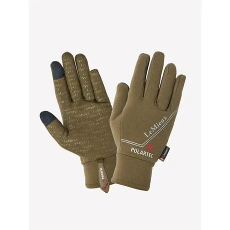 Olive green lemieux polartec gloves alpine with touchscreen black fingertips and subtle lemieux logo pattern on wristband