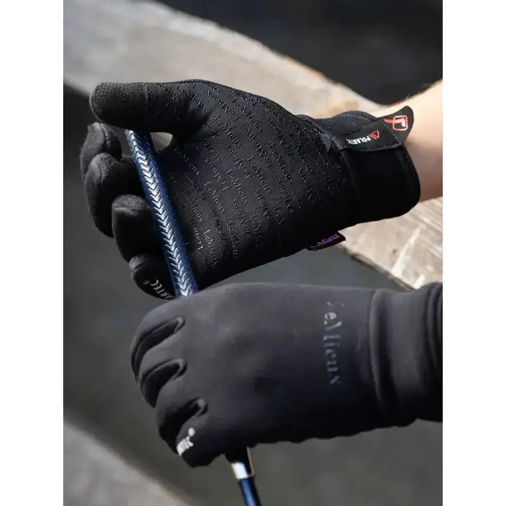 Black textured lemieux polartec gloves with subtle pattern and logos ideal winter riding glove back view