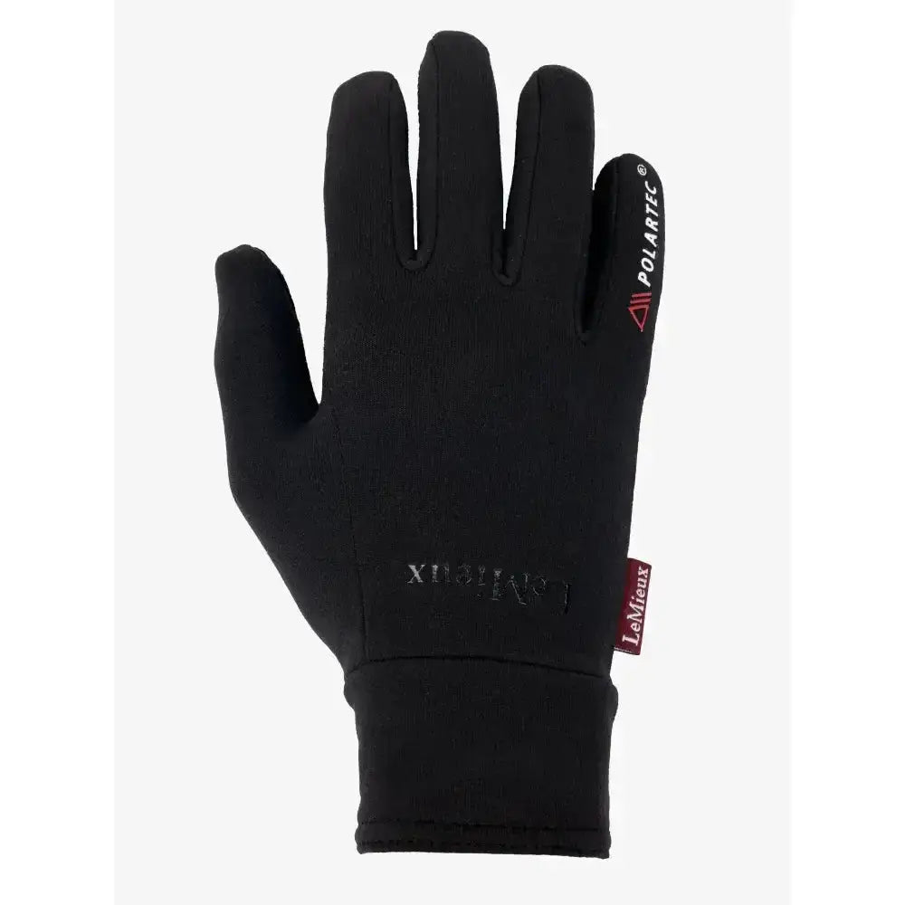 Black touchscreen lemieux polartec gloves with polartec branding and red tag ideal winter riding glove