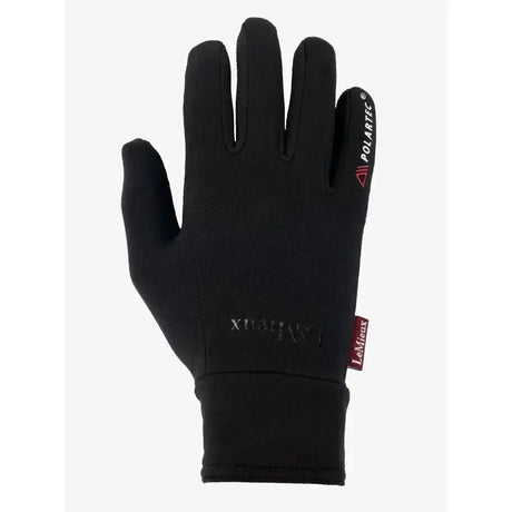 Black touchscreen lemieux polartec gloves with polartec branding and red tag ideal winter riding glove