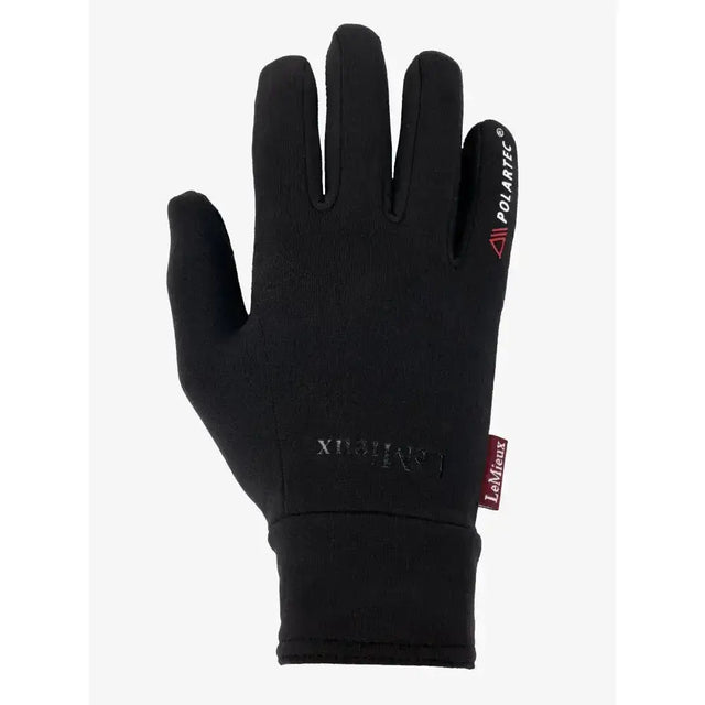 Black touchscreen lemieux polartec gloves with polartec branding and red tag ideal winter riding glove