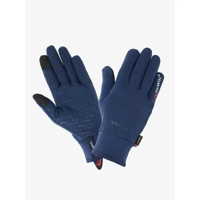 Navy blue lemieux polartec gloves with black touchscreen fingertips and subtle pattern showing the back side