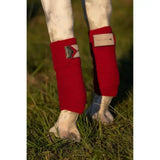 Red felted wool lemieux polo bandages ember with silver and white branded patch for polo leg wraps