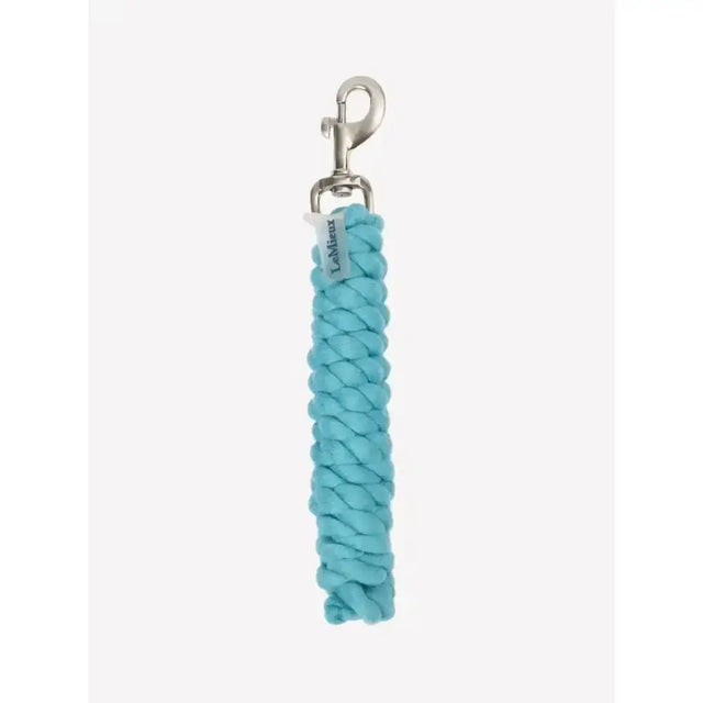 A turquoise lemieux polycotton leadrope lagoon braided keychain with a silver-toned metal clip for easy use