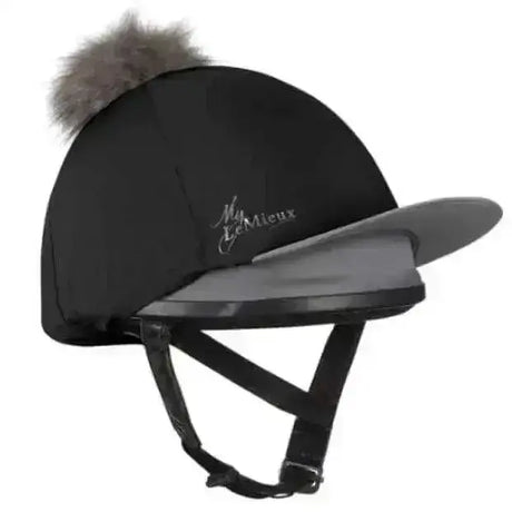 Black lemieux pom hat silk equestrian helmet cover with gray faux fur pom and matching brim for riding