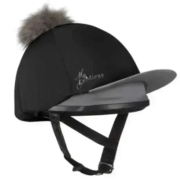 Black lemieux pom hat silk equestrian helmet cover with gray faux fur pom and matching brim for riding