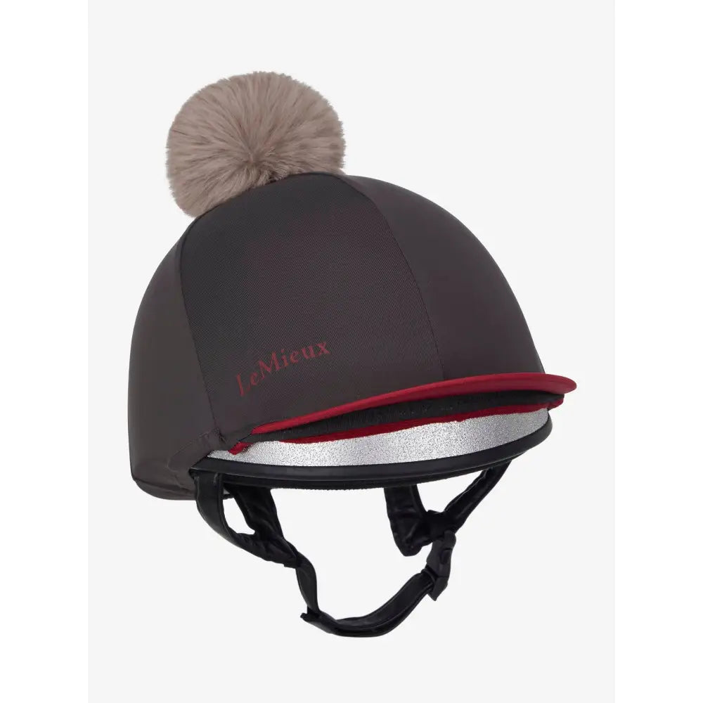 Dark gray lemieux pom hat cover with beige faux fur pom pom red trim and silver reflective strip silk cinder made