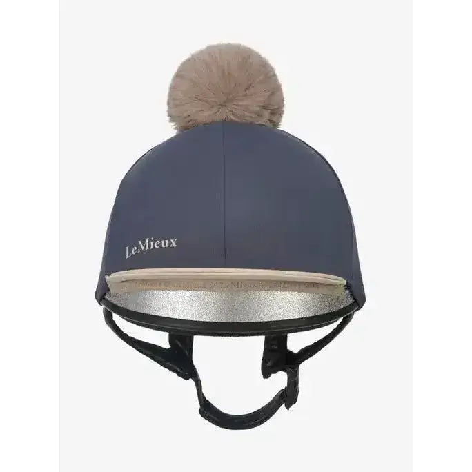 Navy blue lemieux pom hat silk dusk almond with beige faux fur pom pom and silver metallic trim for equestrian use