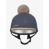 Navy blue lemieux pom hat silk dusk almond with beige faux fur pom pom and silver metallic trim for equestrian use