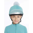 A lemieux pom hat silk lagoon aqua jockey helmet in light blue with silver visor and fluffy white pom-pom on top