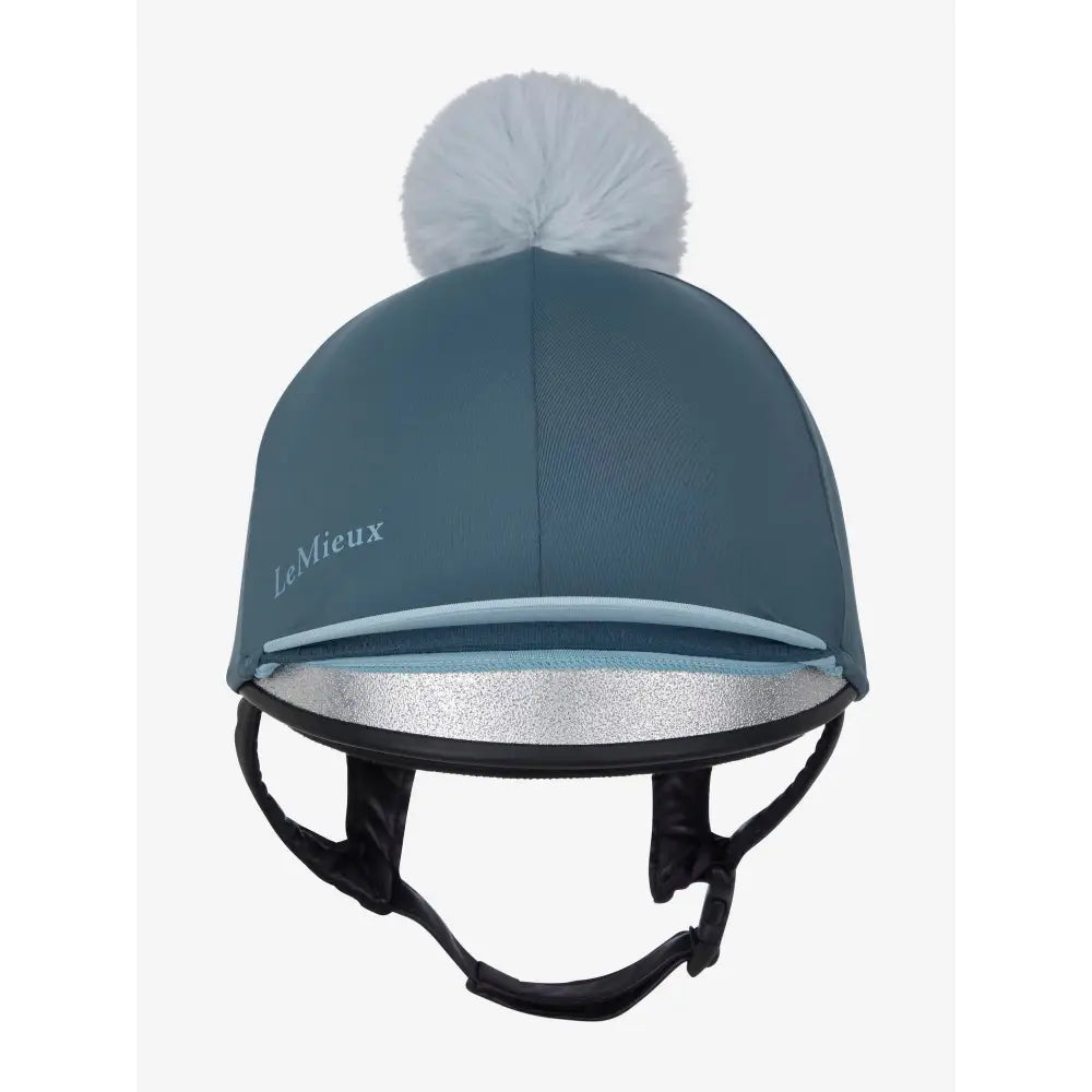 Teal lemieux pom hat silk petrol equestrian helmet cover with fluffy white pom-pom and silver glitter trim