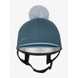 Teal lemieux pom hat silk petrol equestrian helmet cover with fluffy white pom-pom and silver glitter trim