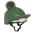 Green LeMieux pom hat silks hunter green equestrian helmet cover with fuzzy brown pom-pom and silver trim