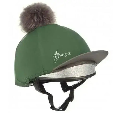 Green LeMieux pom hat silks hunter green equestrian helmet cover with fuzzy brown pom-pom and silver trim