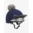 Navy blue lemieux pom hat with grey faux fur pom pom and silver metallic trim in hat silks navy style
