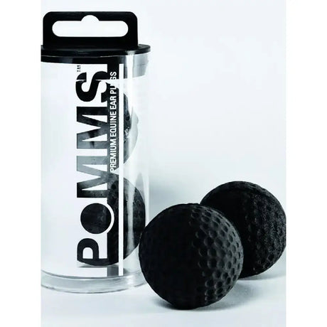 Black textured golf ball style lemieux pomms barn ear plugs in clear container with ear inducing acupuncture effect