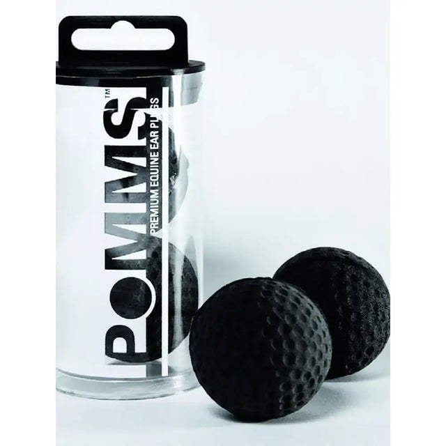 Black textured golf ball style lemieux pomms barn ear plugs in clear container with ear inducing acupuncture effect