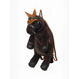 Brown plush lemieux pony bag freya with black leather accents and tan bridle details shaped like a horse backpack