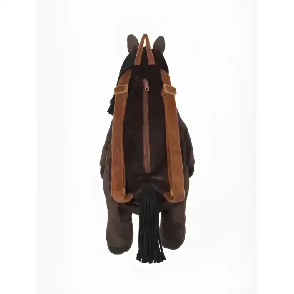 Dark brown plush lemieux pony bag freya with tan leather straps and black tassel shaped like a horse backpack