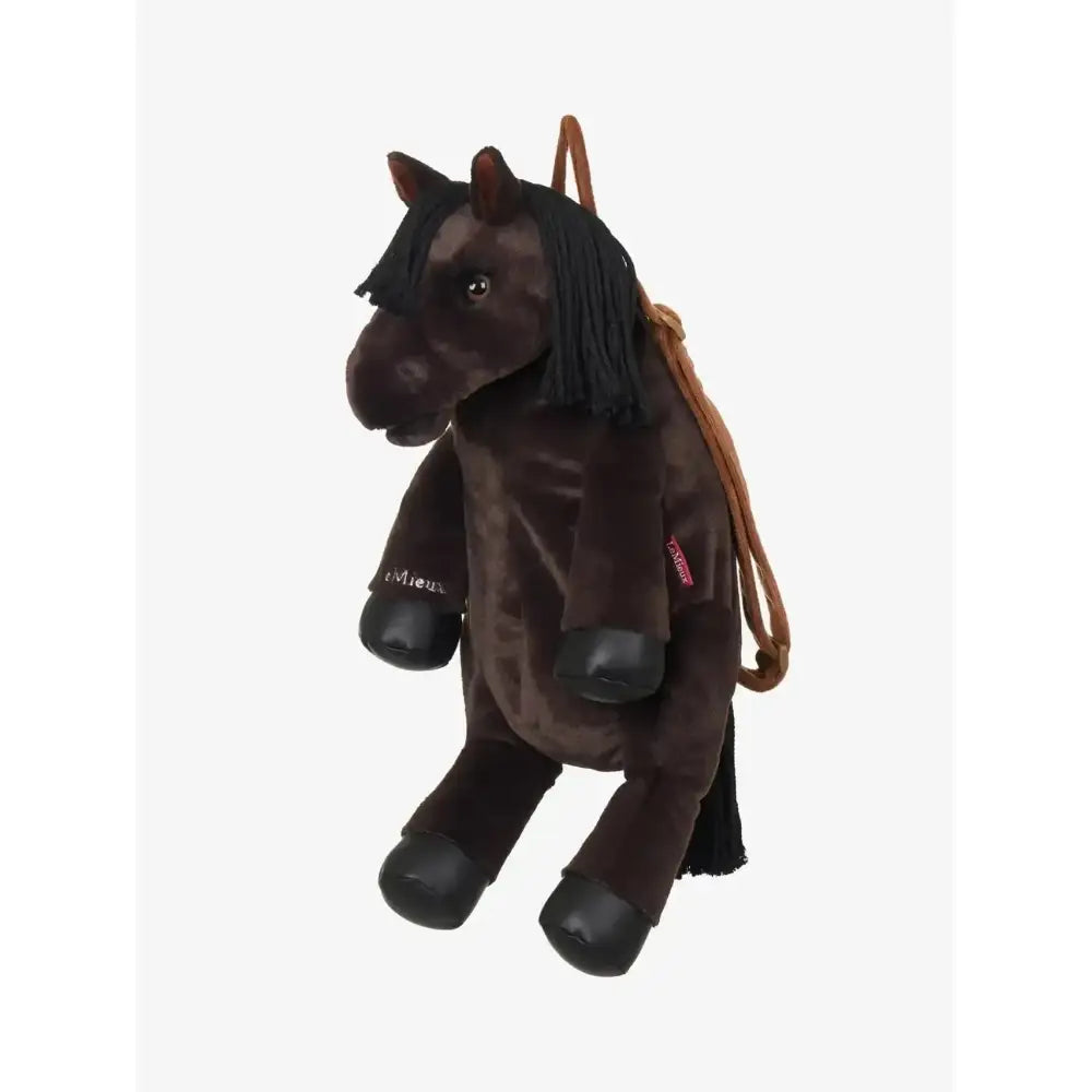 A plush dark brown lemieux pony bag freya with black mane hooves and tan strap perfect for kids and pony lovers