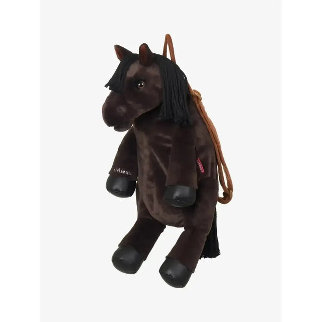 A plush dark brown lemieux pony bag freya with black mane hooves and tan strap perfect for kids and pony lovers