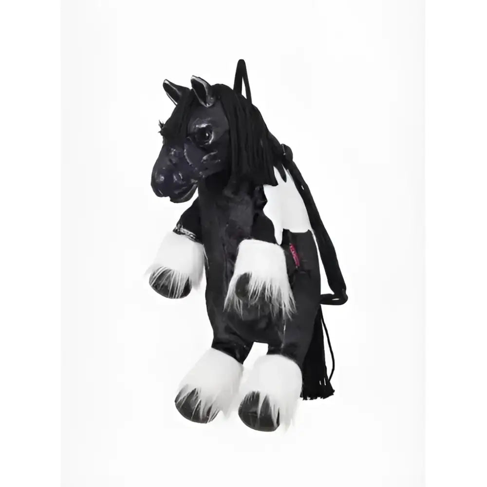Black and white lemieux pony bag razzle plush horse backpack with fluffy white mane legs and hooves accents