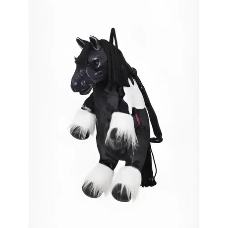 Black and white lemieux pony bag razzle plush horse backpack with fluffy white mane legs and hooves accents