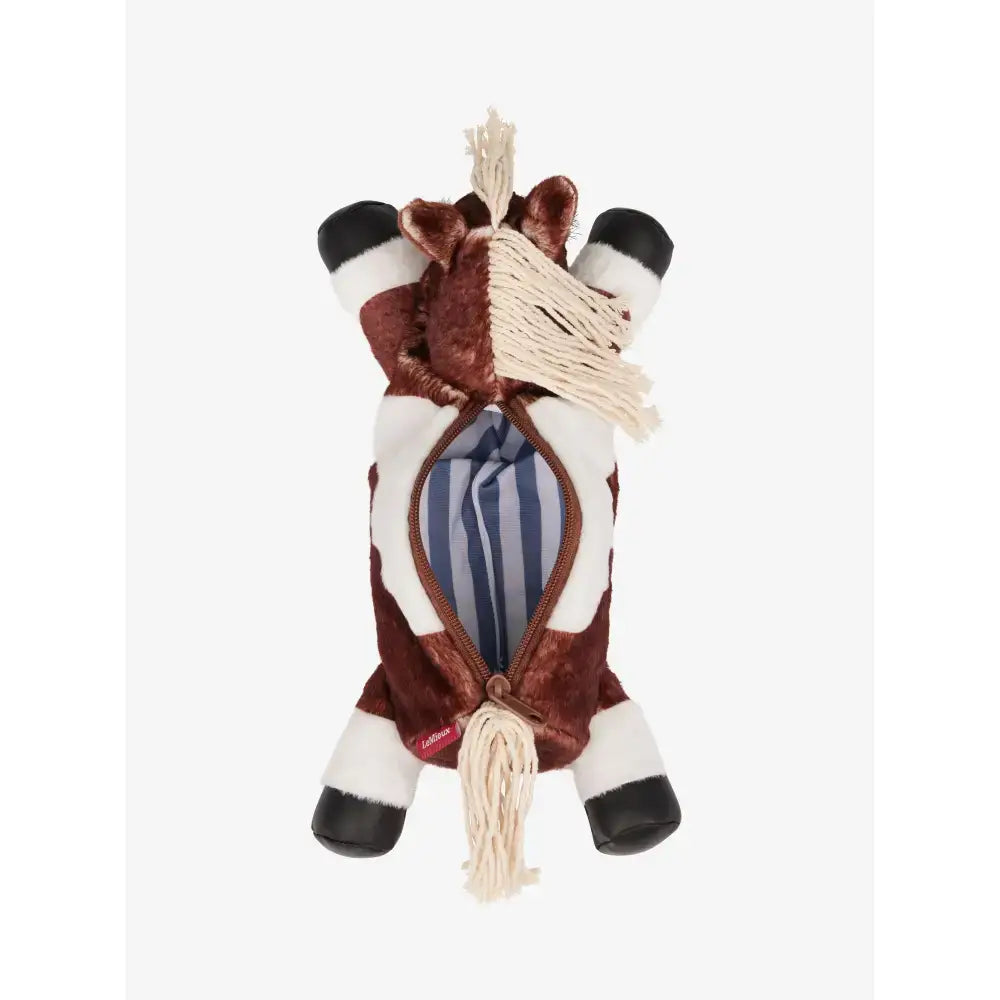 Brown and white plush lemieux pony pencil case with striped interior showing lasting quality and cute design