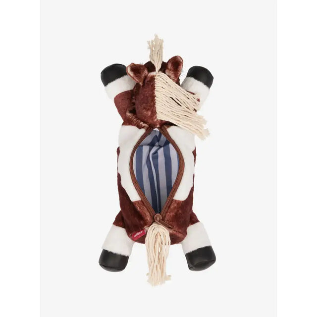 Brown and white plush lemieux pony pencil case with striped interior showing lasting quality and cute design