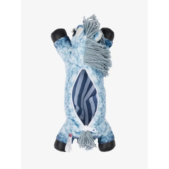 Lemieux pony pencil case shaped like a plush blue and white horse with lasting quality zipper and striped interior lining