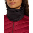 Black Neck Gaiter over Red Quilted Jacket - Lemieux Printed Stretch Snood Cinder