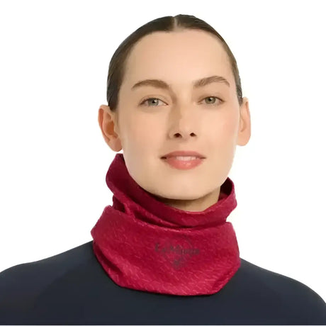 A plush deep red lemieux printed stretch snood with subtle texture and matching embroidered brand name