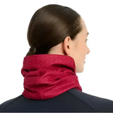 Vibrant red lemieux printed stretch snood worn snugly around the model’s neck showing textured stretch snood ember