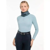 Light blue lemieux printed stretch long-sleeved riding top with high neckline and subtle chest logo ideal for riding