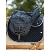 Black quilted lemieux pro-kit ride saddle pad with gray trim and matching cover featuring silicone grip seat for rider perfect stability