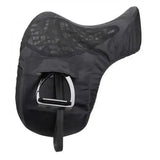 Black lemieux pro-kit ride saddle cover with silicone grip seat mesh panel and shiny silver metal stirrup buckle for rider perfect stability