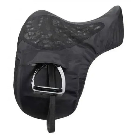 Black lemieux pro-kit ride saddle cover with silicone grip seat mesh panel and shiny silver metal stirrup buckle for rider perfect stability
