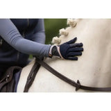 Navy blue lemieux pro mesh glove with pink white wristband shows back side for close contact grip and comfort